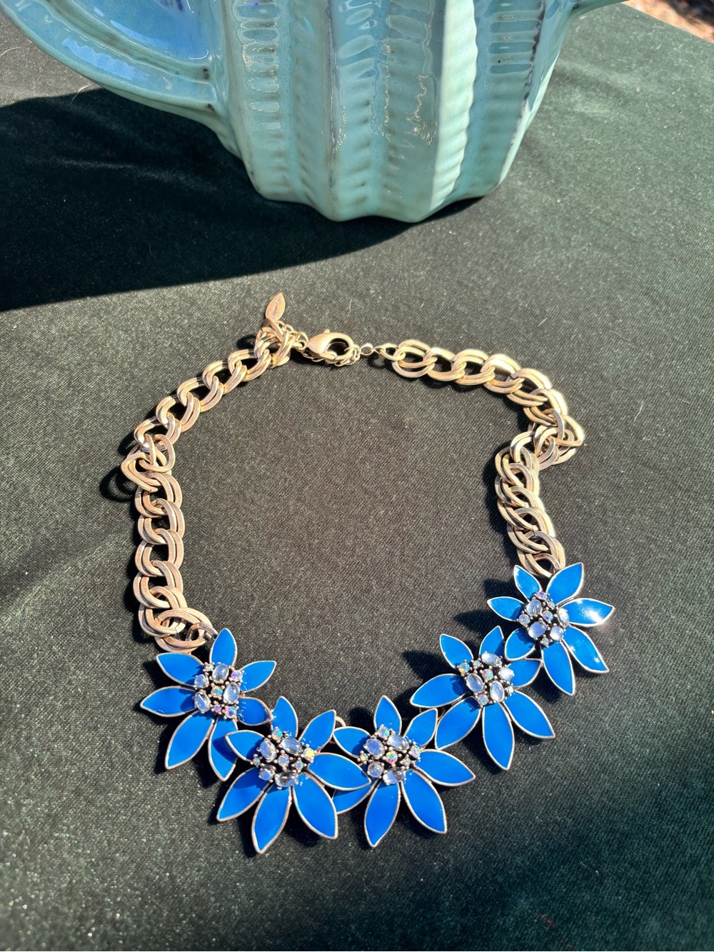 Coldwater Creek Gold-Tone Necklace with Bright Blue Flower Motifs